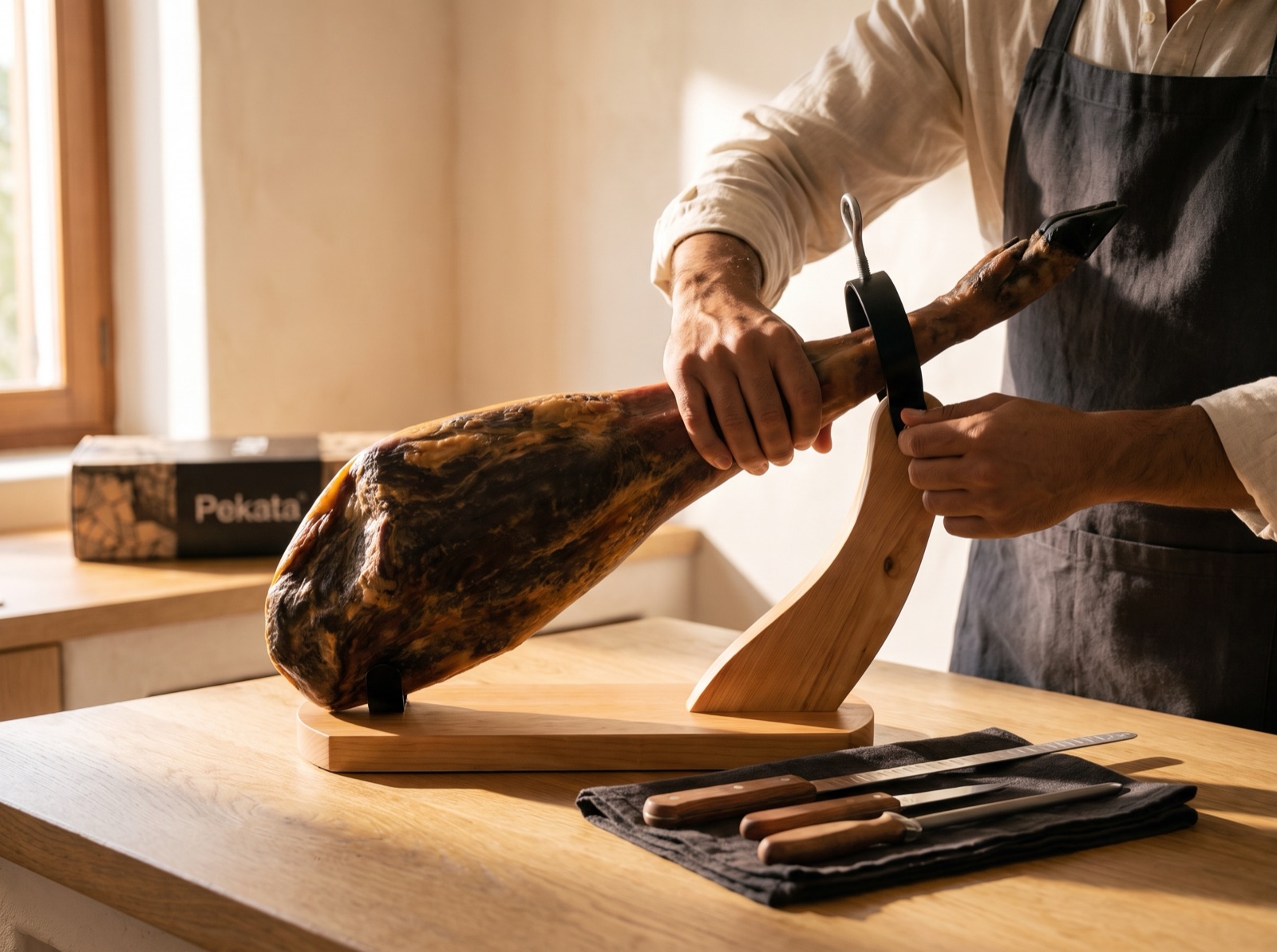 Mans fixant el pernil a l'abraçadora del suport