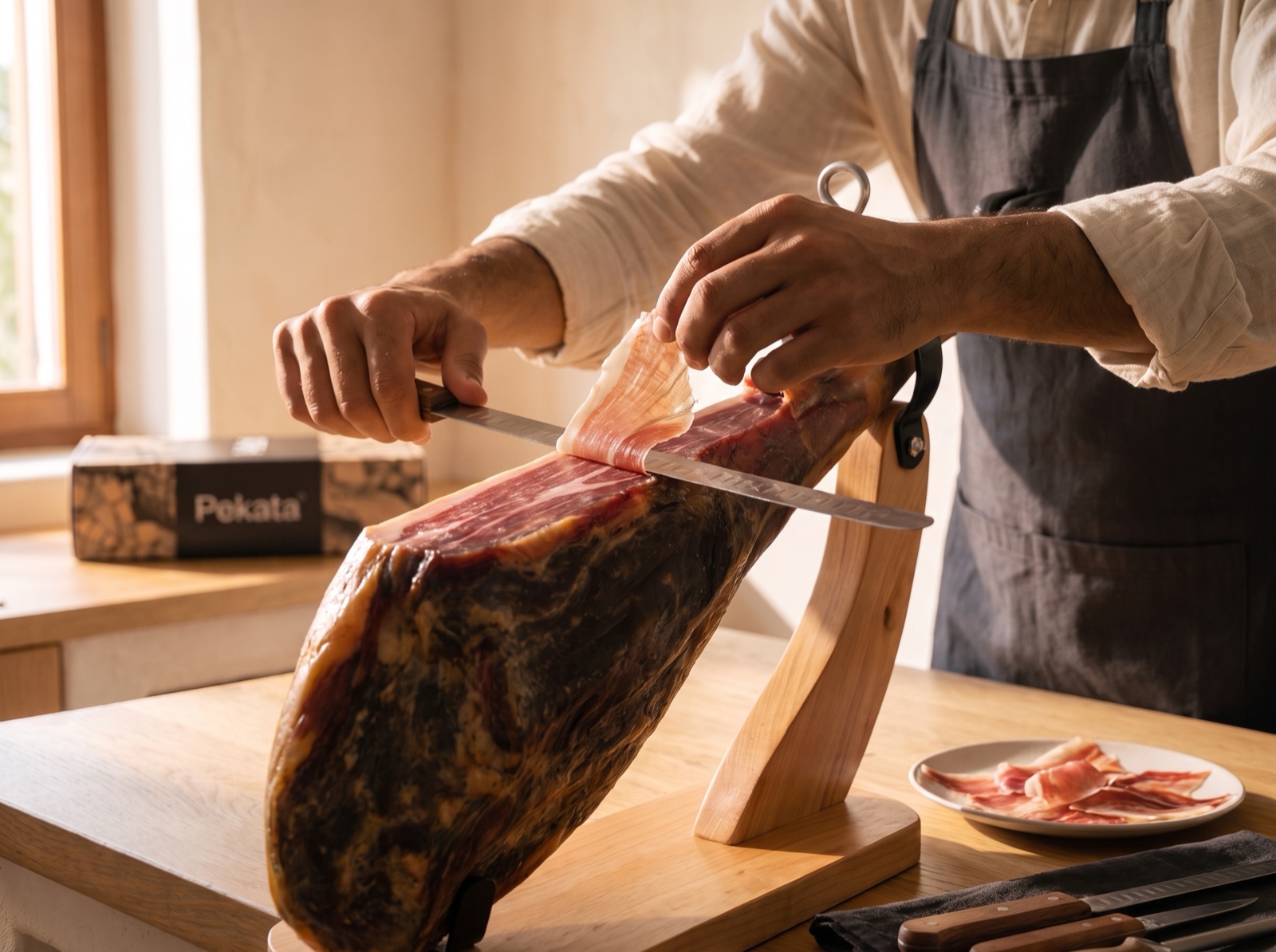 Tallant una llesca fina amb el ganivet de pernil