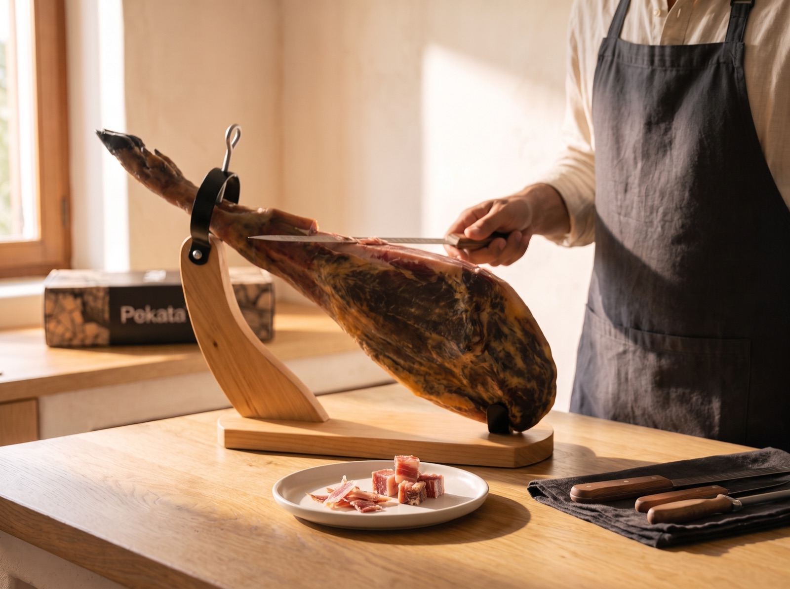 El pernil girat al suport i un plat amb daus de pernil