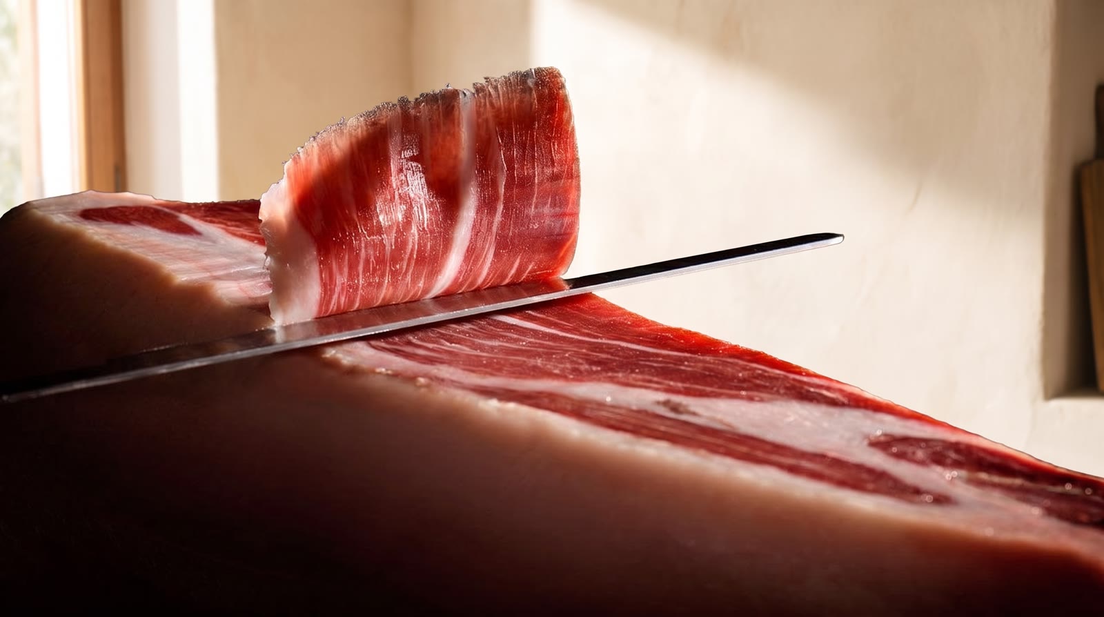 A paper-thin slice of iberico ham standing on the knife blade, freshly cut