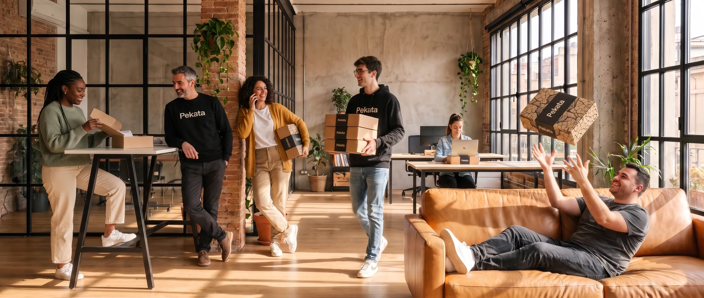 El equipo de Pekata en su oficina loft de Barcelona con cajas de la marca