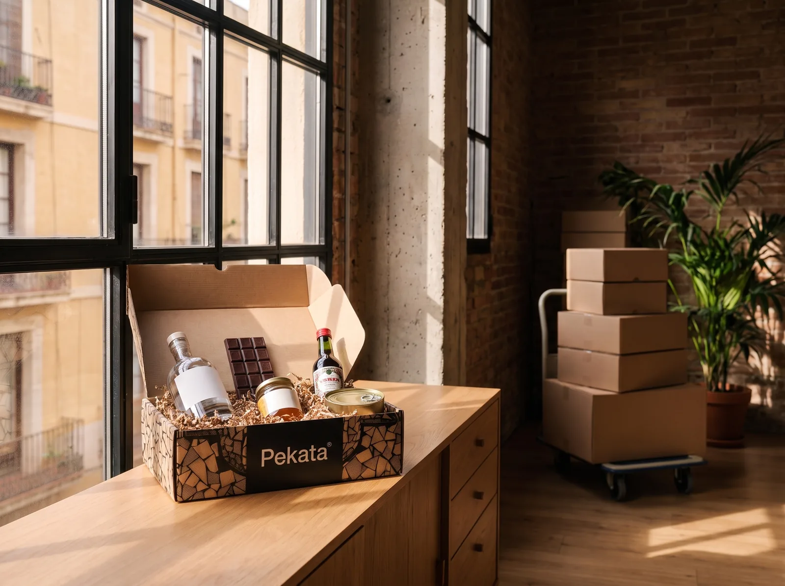 Caja Pekata abierta con productos escogidos junto a la ventana del loft, con cajas de cartón anónimas apiladas al fondo