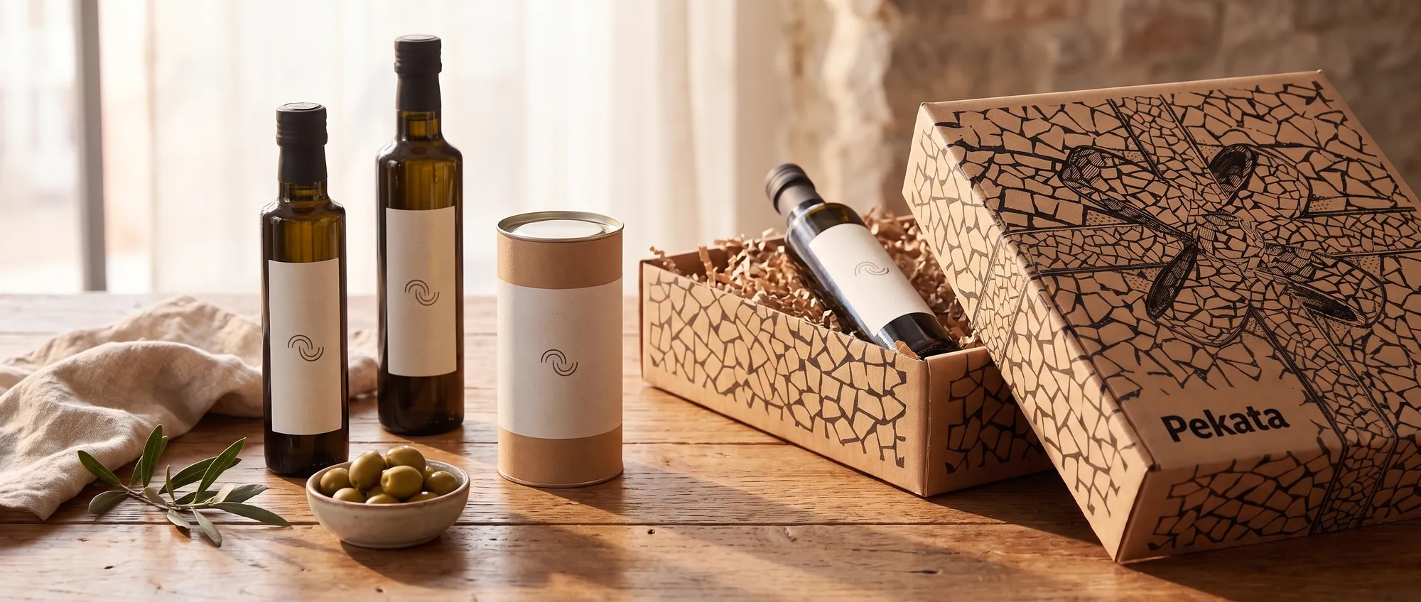 Botellas de aceite de oliva virgen extra con etiqueta personalizada con el logo de una empresa