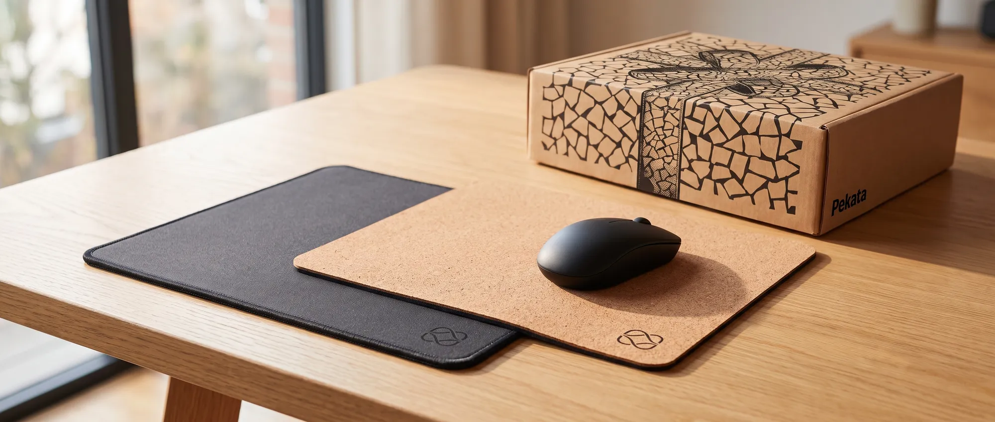 Alfombrilla de ratón personalizada con el logo de una empresa sobre una mesa de oficina
