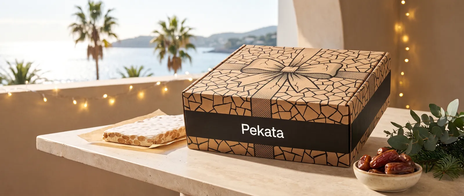 Caja Pekata en una terraza alicantina con turrón y dátiles y el Mediterráneo al fondo