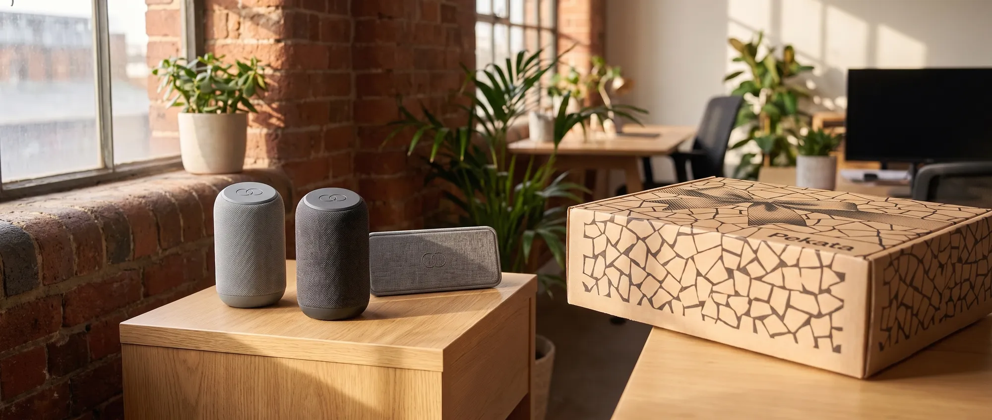 Altaveu bluetooth compacte de teixit gris amb logo corporatiu gravat a la carcassa