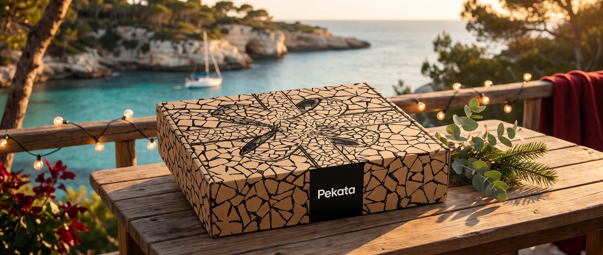 Caja de Navidad Pekata kraft con motivo de trencadís sobre una mesa de madera con luz mediterránea y el mar al fondo