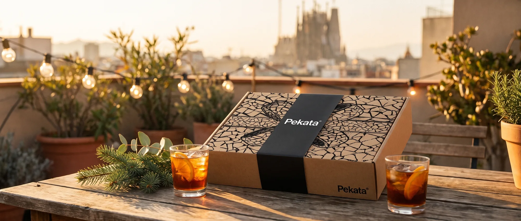 Caja de lote de Navidad Pekata en una azotea de Barcelona con la Sagrada Família al fondo