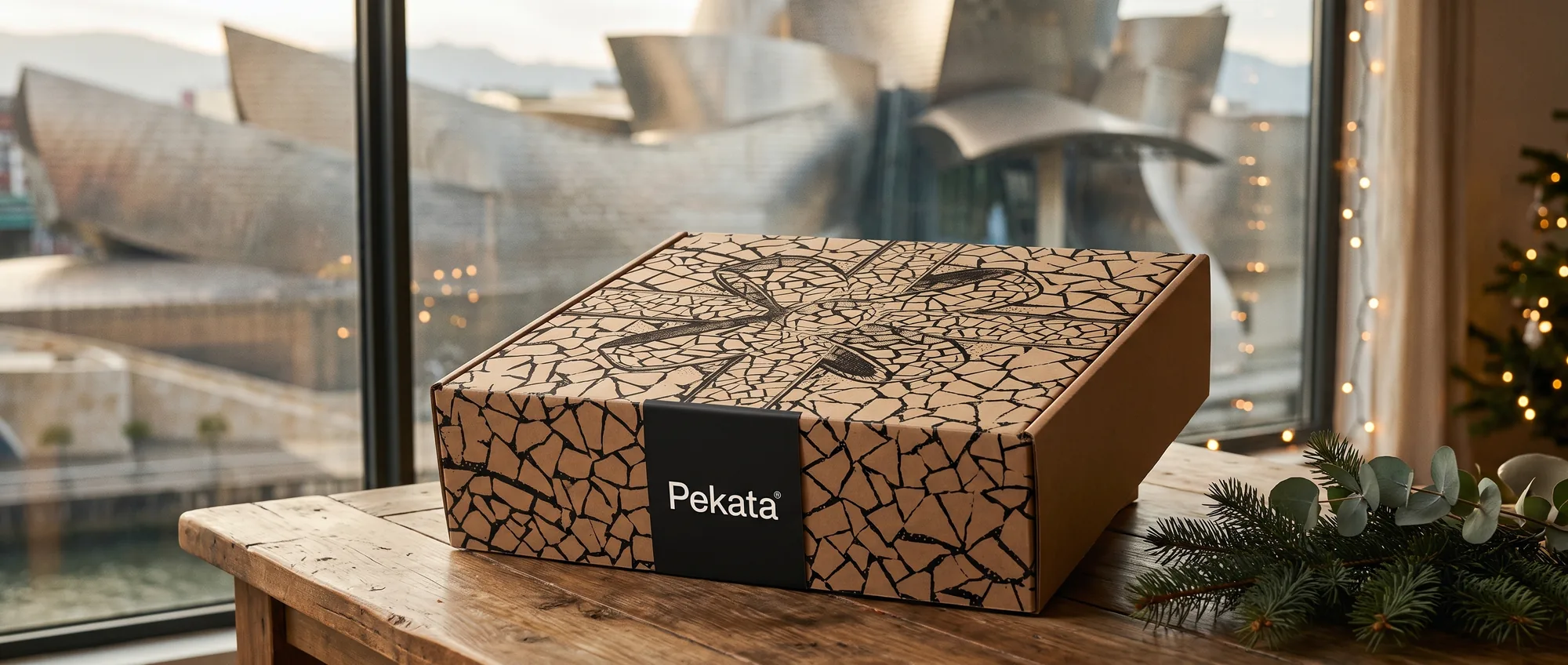 Caja de Navidad Pekata cerrada junto a una ventana con el museo Guggenheim de Bilbao desenfocado al fondo