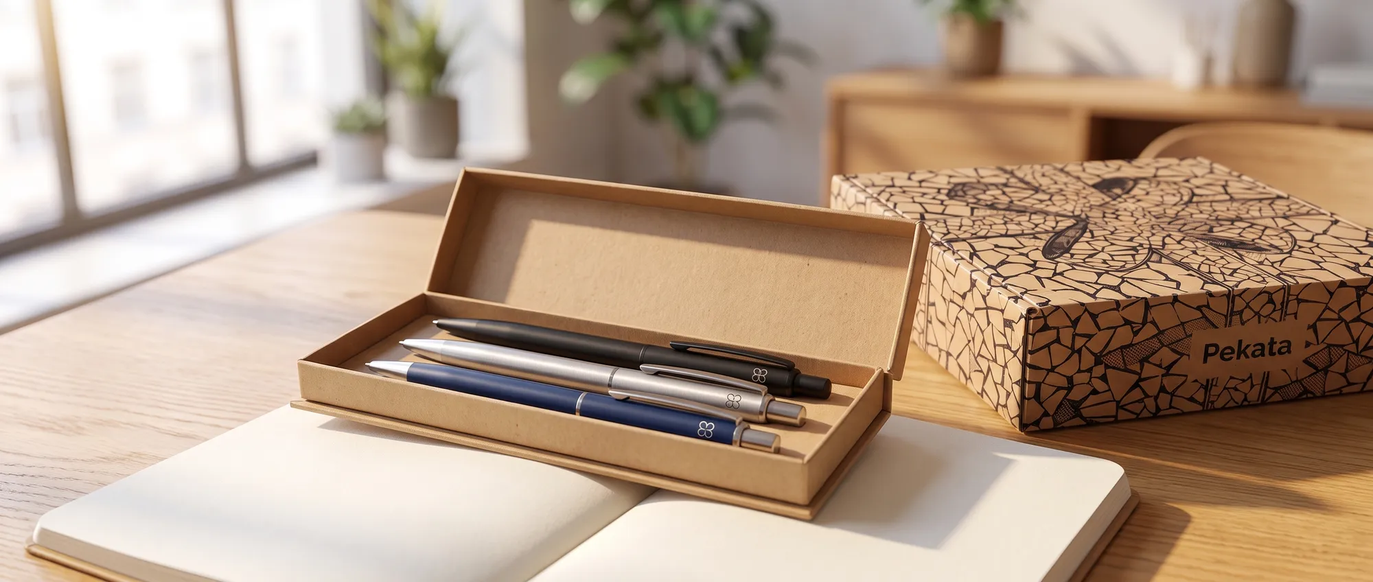 Bolígrafos metálicos con el logo grabado en un estuche kraft sobre una libreta, con una caja Pekata al fondo