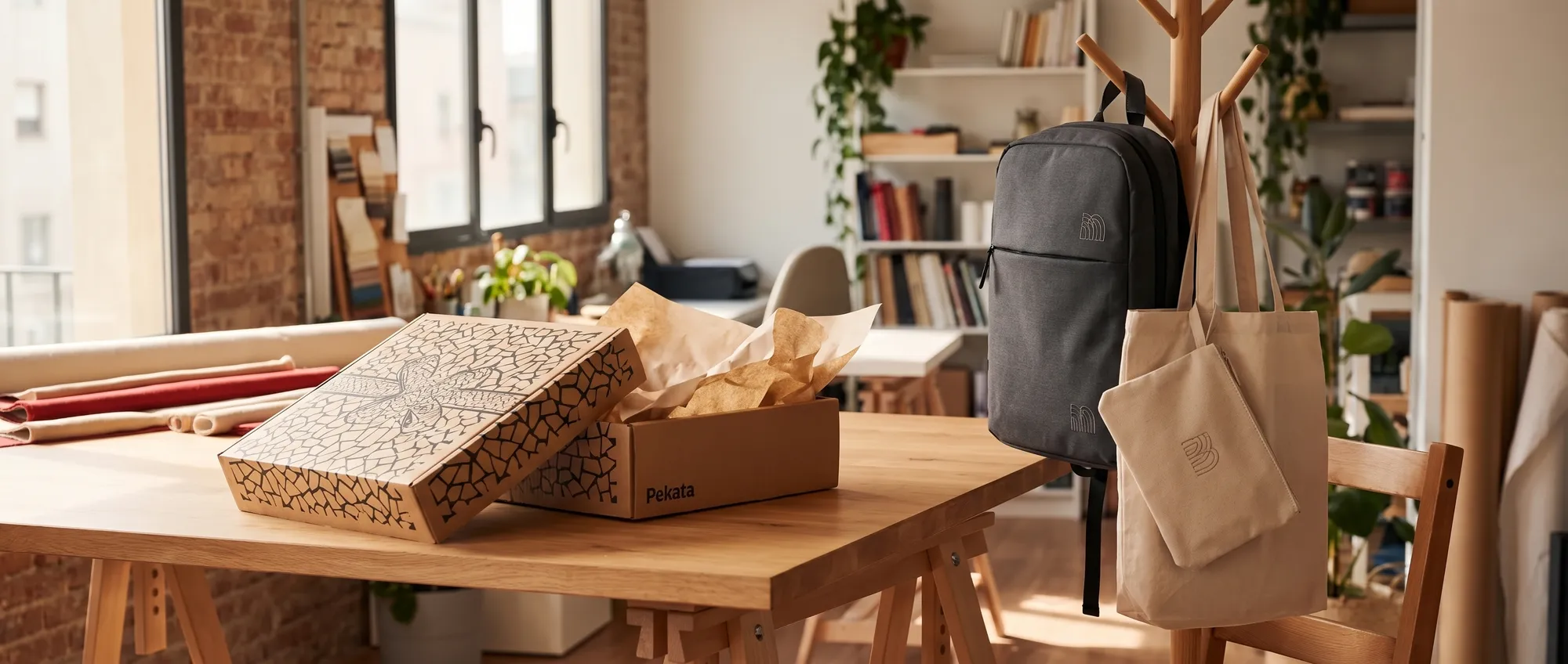 Mochila de portátil, tote bag y neceser con el logo bordado colgados en una oficina, con una caja Pekata sobre la mesa