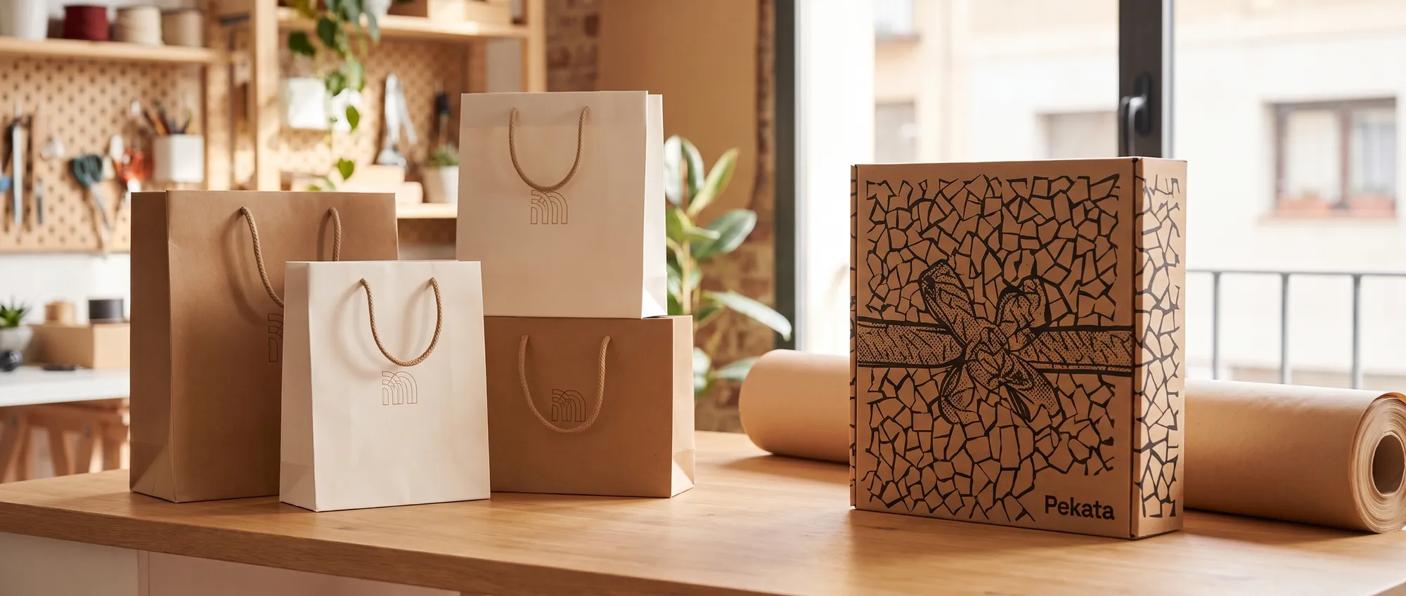 Bolsas de papel kraft con asa de cordón personalizadas con el logo de una empresa