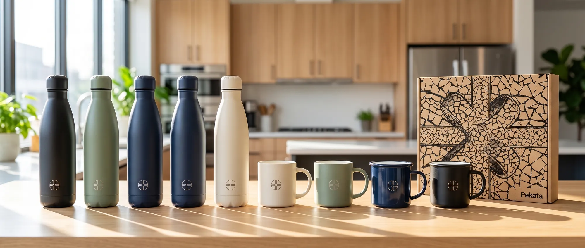 Fila de botellas térmicas y tazas de cerámica con el logo grabado sobre la encimera del office de una oficina, con una caja Pekata al fondo