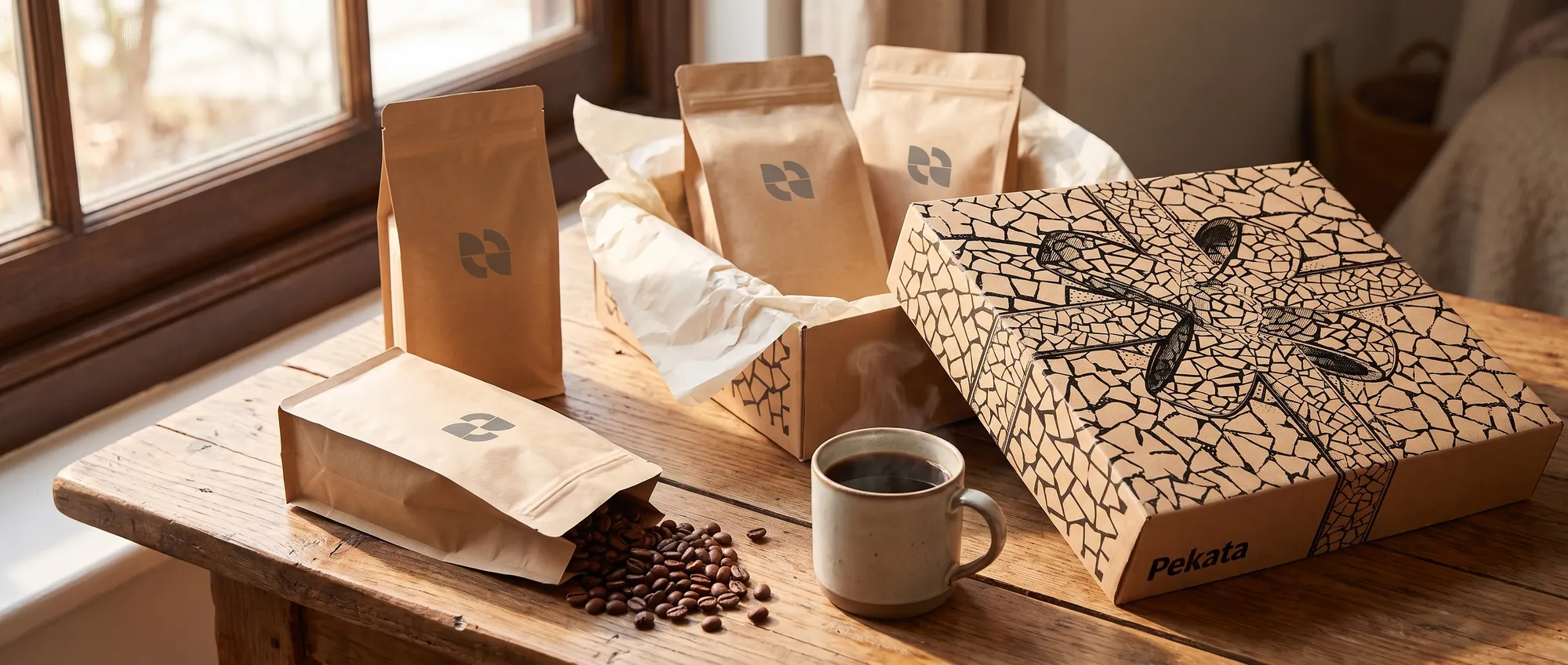 Bossa doypack de cafè de 250 g amb etiqueta personalitzada al costat de càpsules i sobres drip bag amb la marca d'una empresa