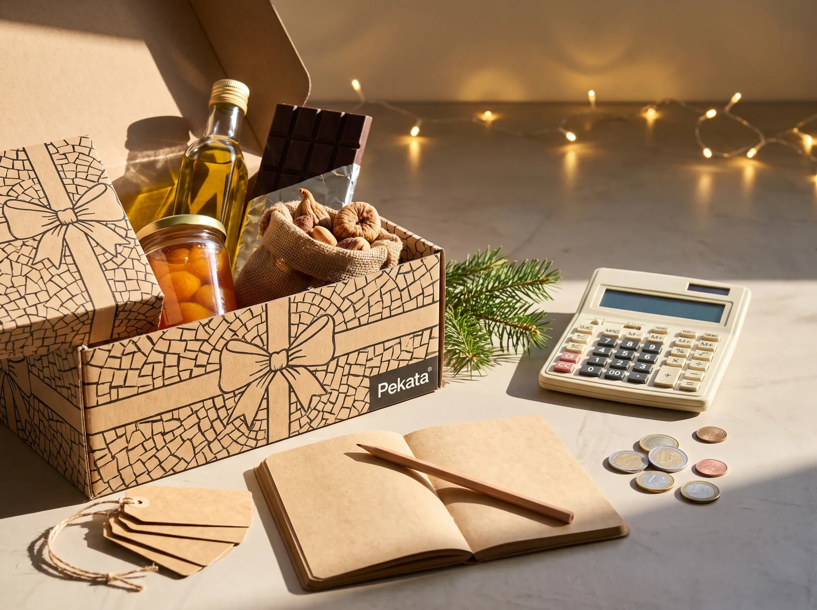 Open Pekata Christmas gift box next to a calculator, a notebook, and blank price tags