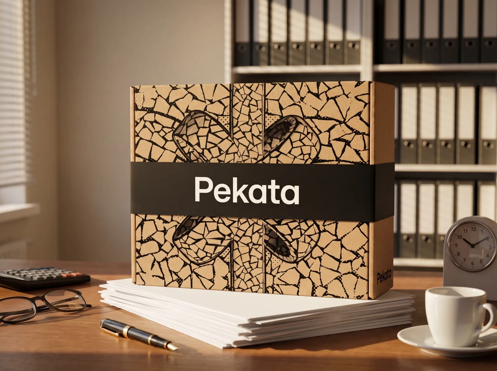 Caixa Pekata tancada sobre documents a l'escriptori d'una gestoria