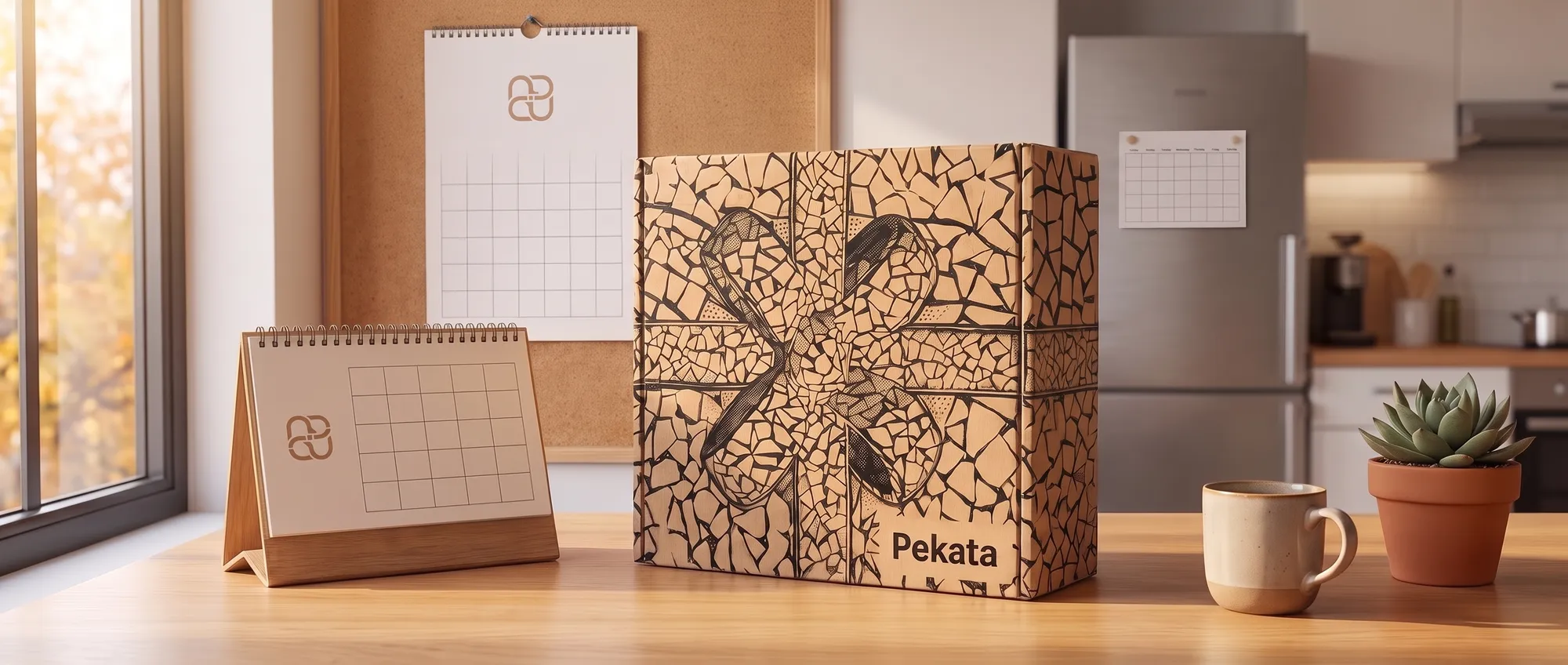 Calendario de sobremesa y calendario de pared con el logo de la empresa sobre un escritorio, junto a una caja Pekata y un calendario imán en la nevera del office