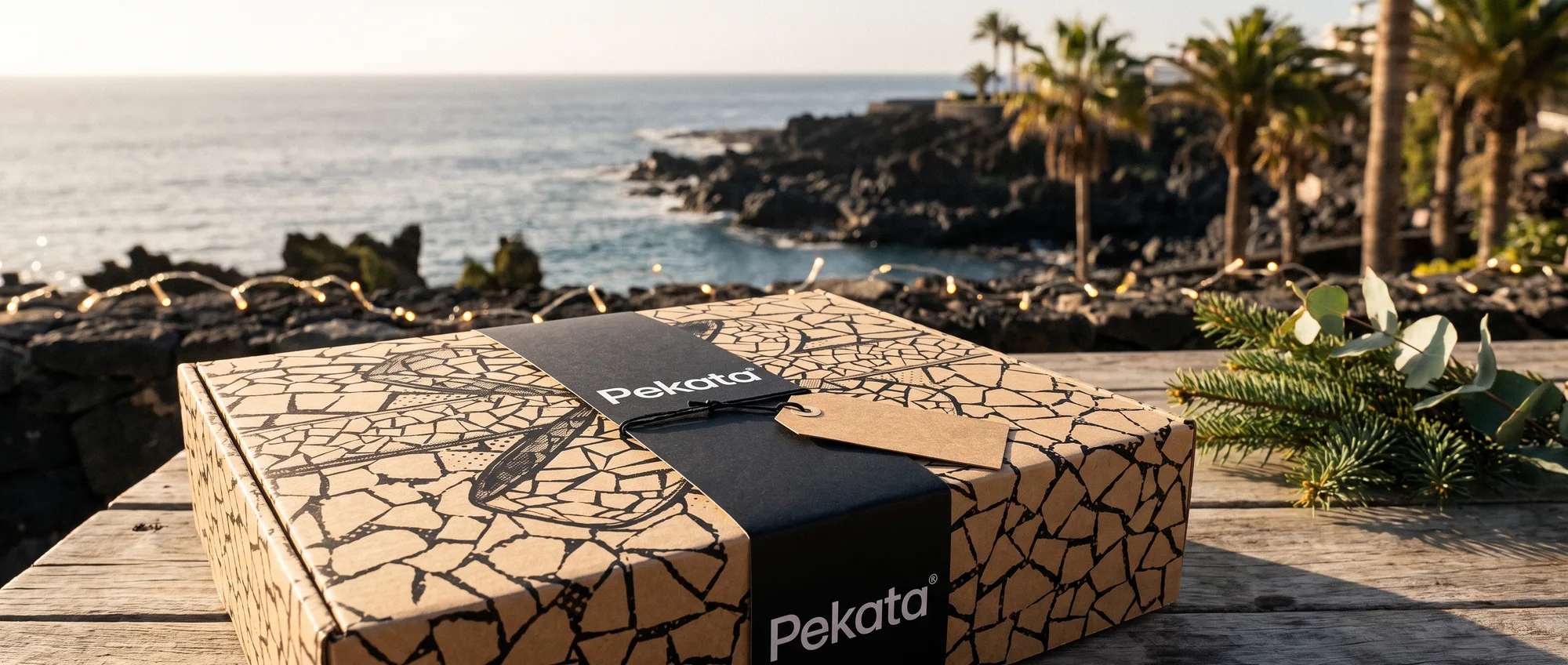 Caja de Navidad Pekata cerrada con faja negra y etiqueta de envío, con una costa volcánica canaria de fondo