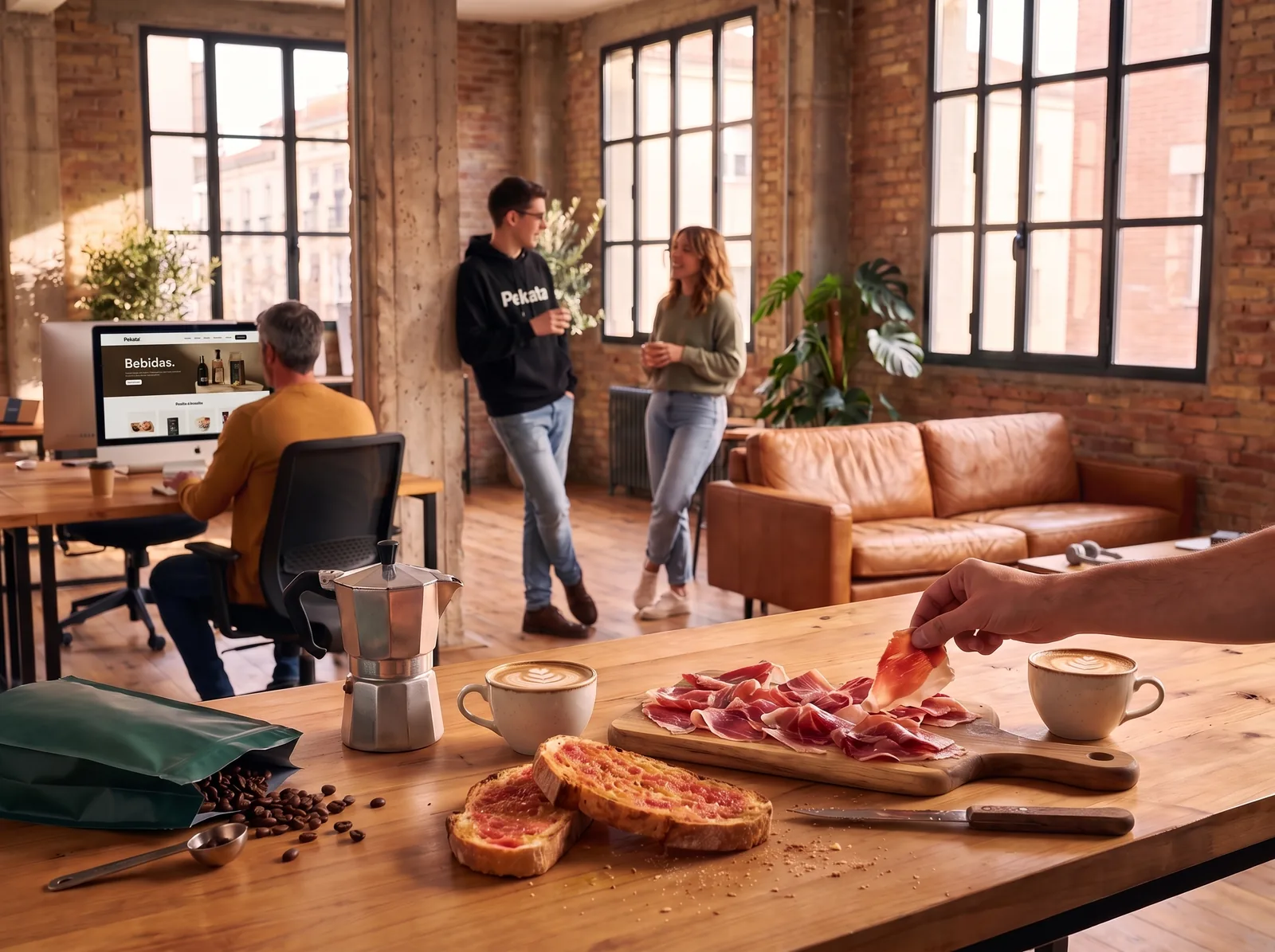 Desayuno de jamón, pan con tomate y café en la mesa de la oficina, con el portal Pekata en una pantalla al fondo