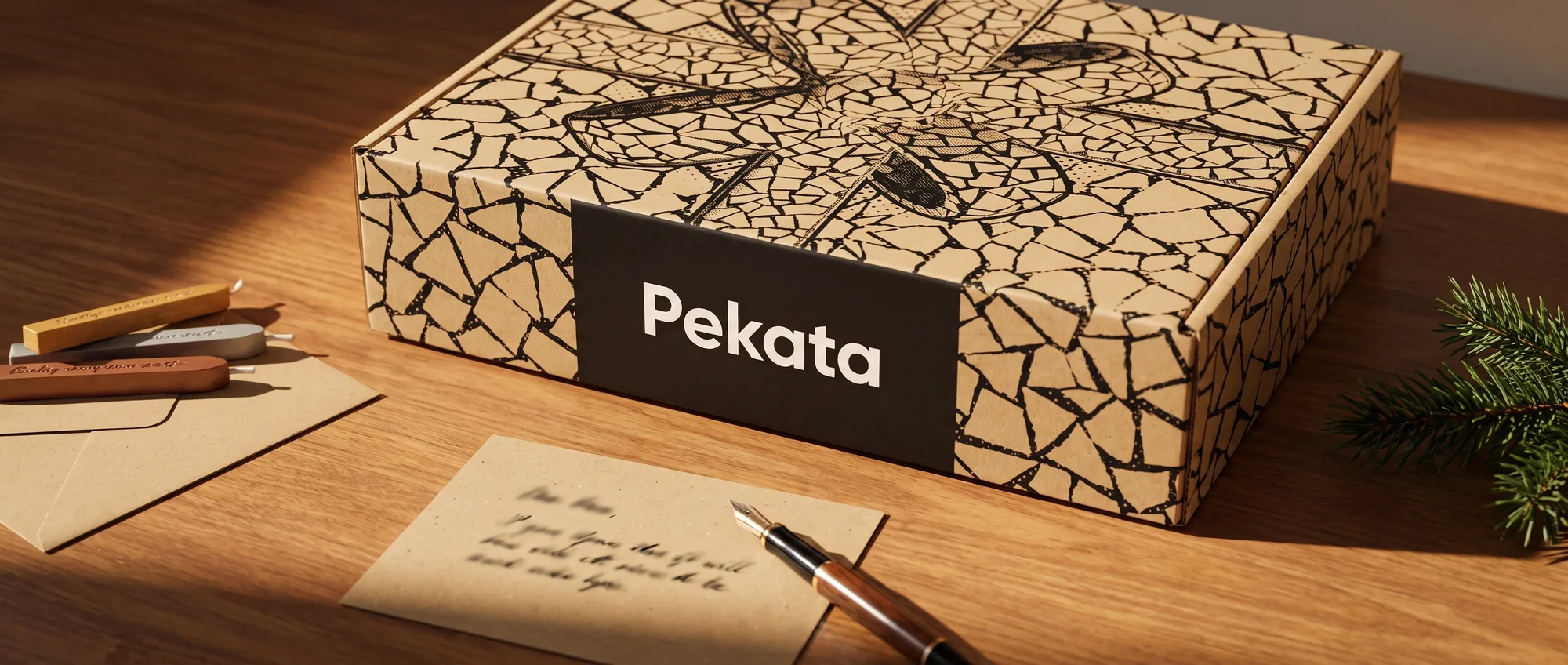 Pluma sobre una tarjeta kraft junto a un sobre y una caja de Navidad Pekata con estampado trencadís