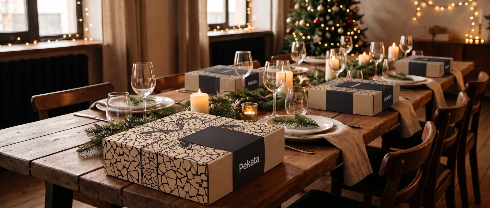 Mesa larga preparada para una cena de Navidad de empresa con una caja Pekata en cada sitio