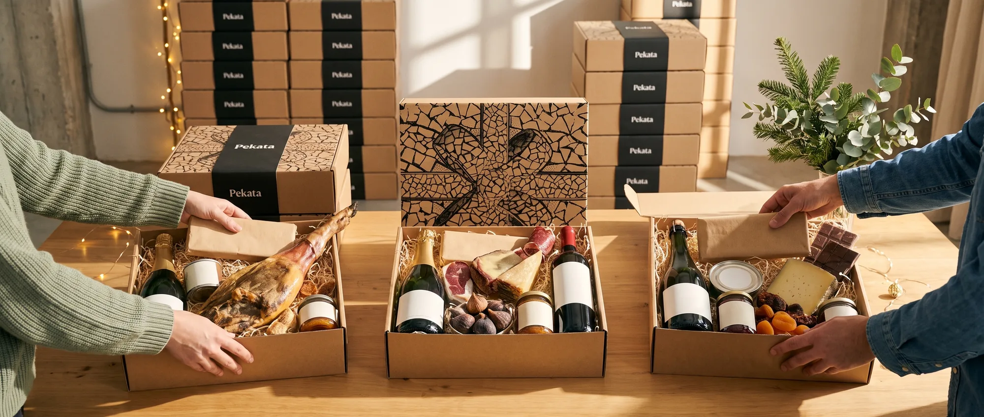 Equipo preparando cestas de Navidad Pekata con jamón, cava y queso en cajas kraft