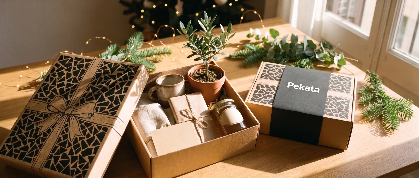 Caja Pekata abierta con una mezcla inesperada de regalos: olivo en maceta, taza de cerámica, chocolate artesano y miel