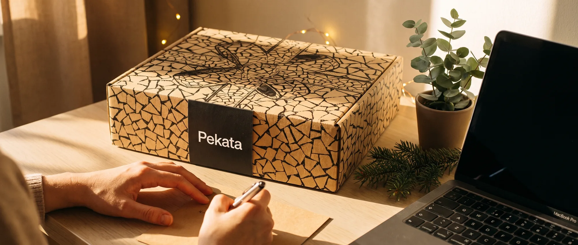 Manos escribiendo una tarjeta kraft junto a una caja de Navidad Pekata cerrada sobre un escritorio de oficina