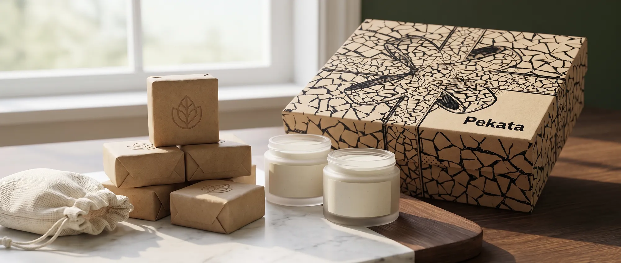 Pastilla de jabón artesanal y crema de manos con etiqueta personalizada con el logo de una empresa