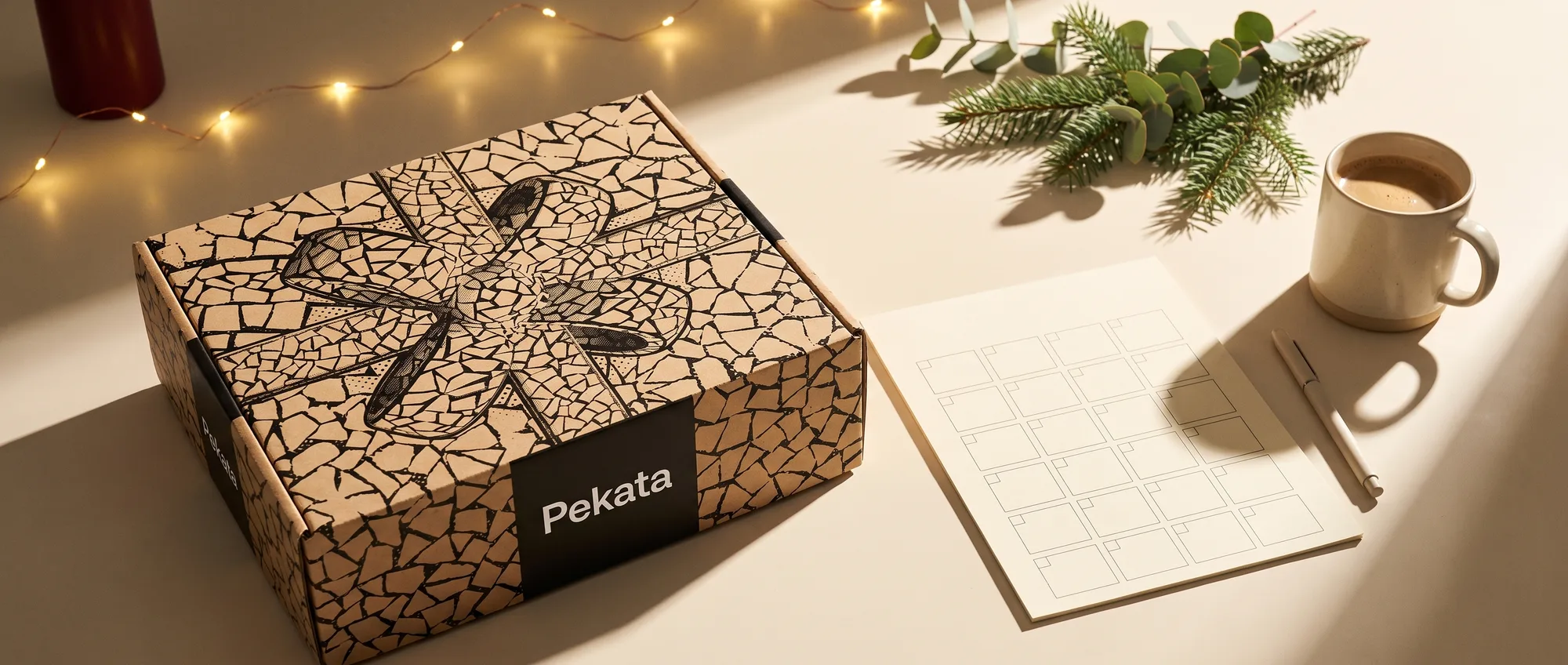 Caja de Navidad Pekata sobre un escritorio junto a un calendario de pared y una taza de café