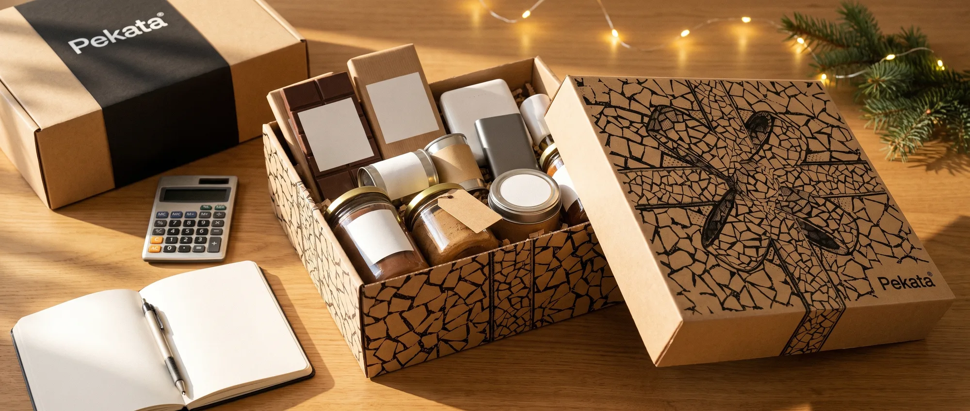 Caja de lote de Navidad Pekata abierta junto a una calculadora y un cuaderno sobre un escritorio de madera