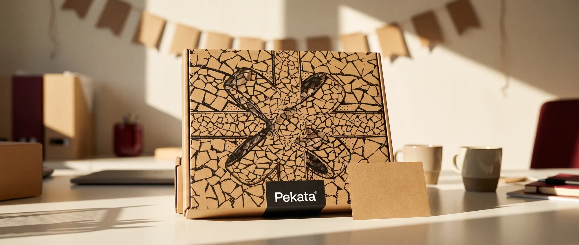 Caja de regalo Pekata con estampado trencadís sobre un escritorio con una guirnalda de papel desenfocada al fondo