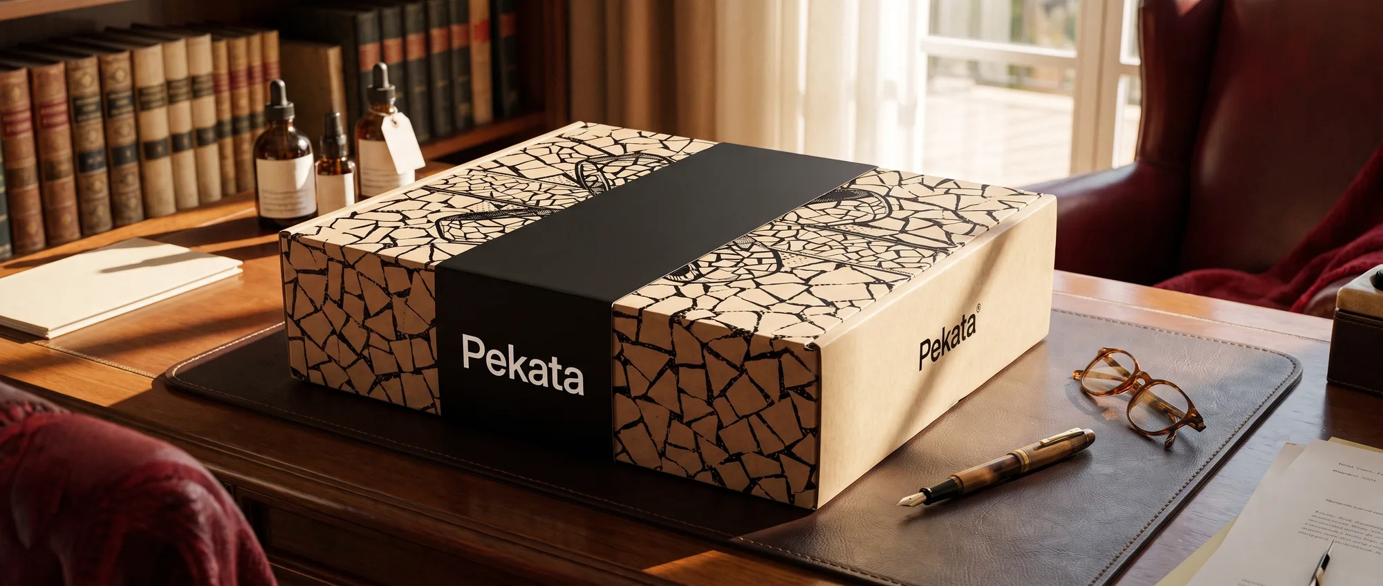 Caja Pekata cerrada con faja negra sobre un escritorio de despacho junto a una pluma y unas gafas de lectura
