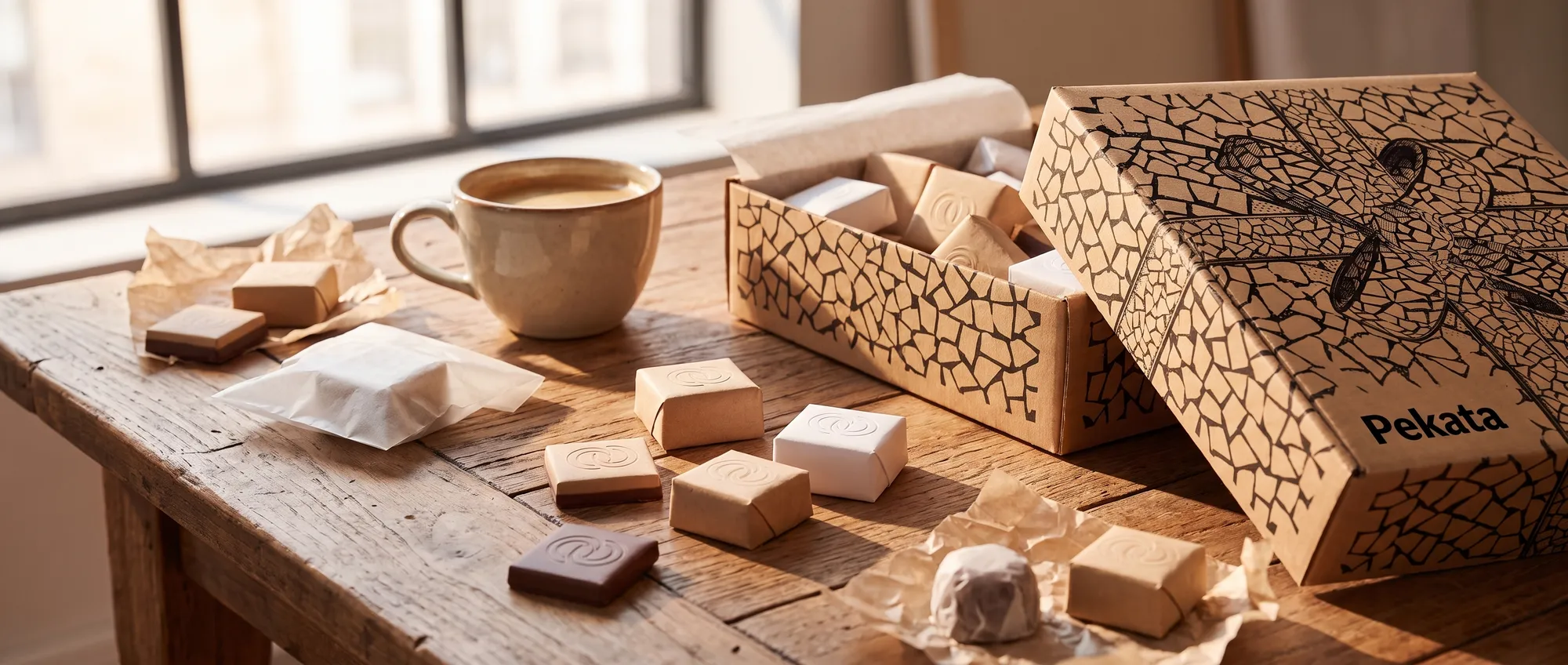 Xocolatines i bombons embolicats en paper kraft amb el logo estampat, caramels i una tassa de cafè al costat d'una caixa Pekata oberta