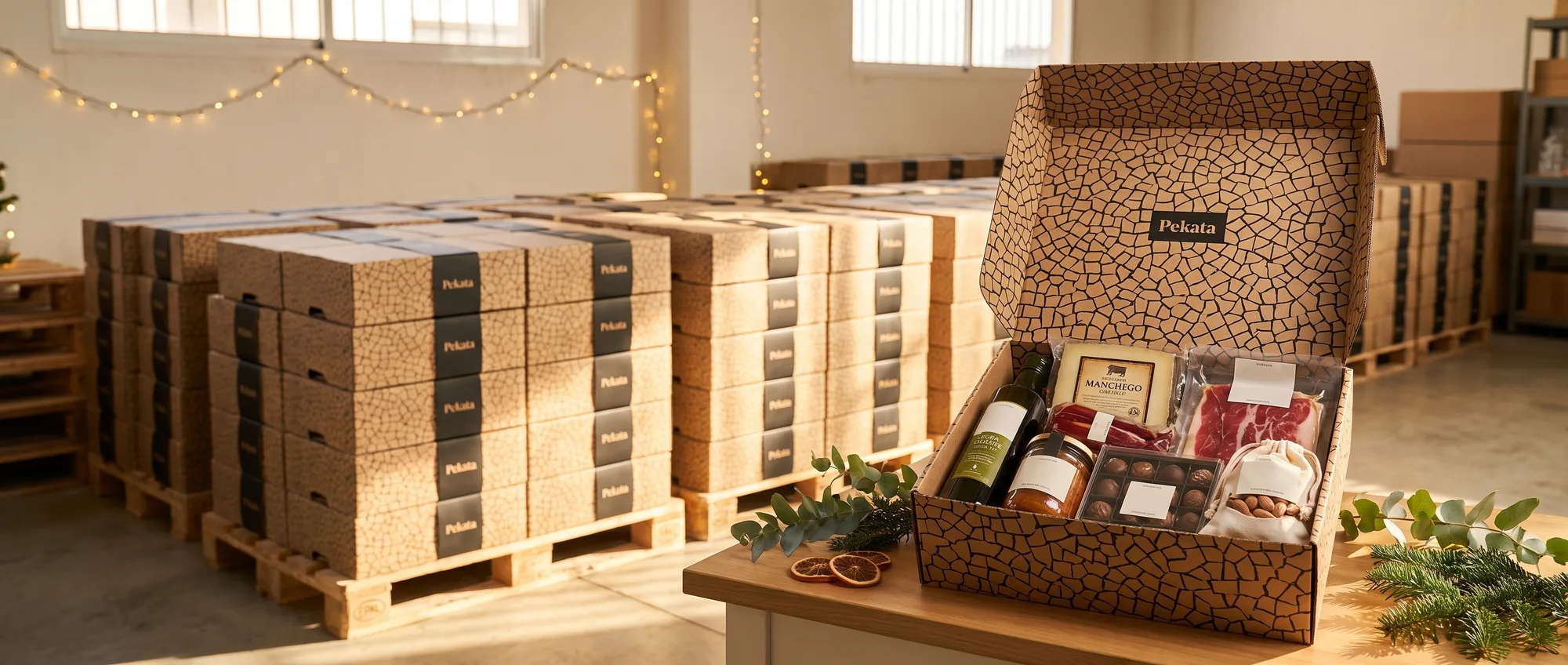 Nave con palets de cajas de lotes de Navidad Pekata y una caja abierta con vino, queso manchego y bombones