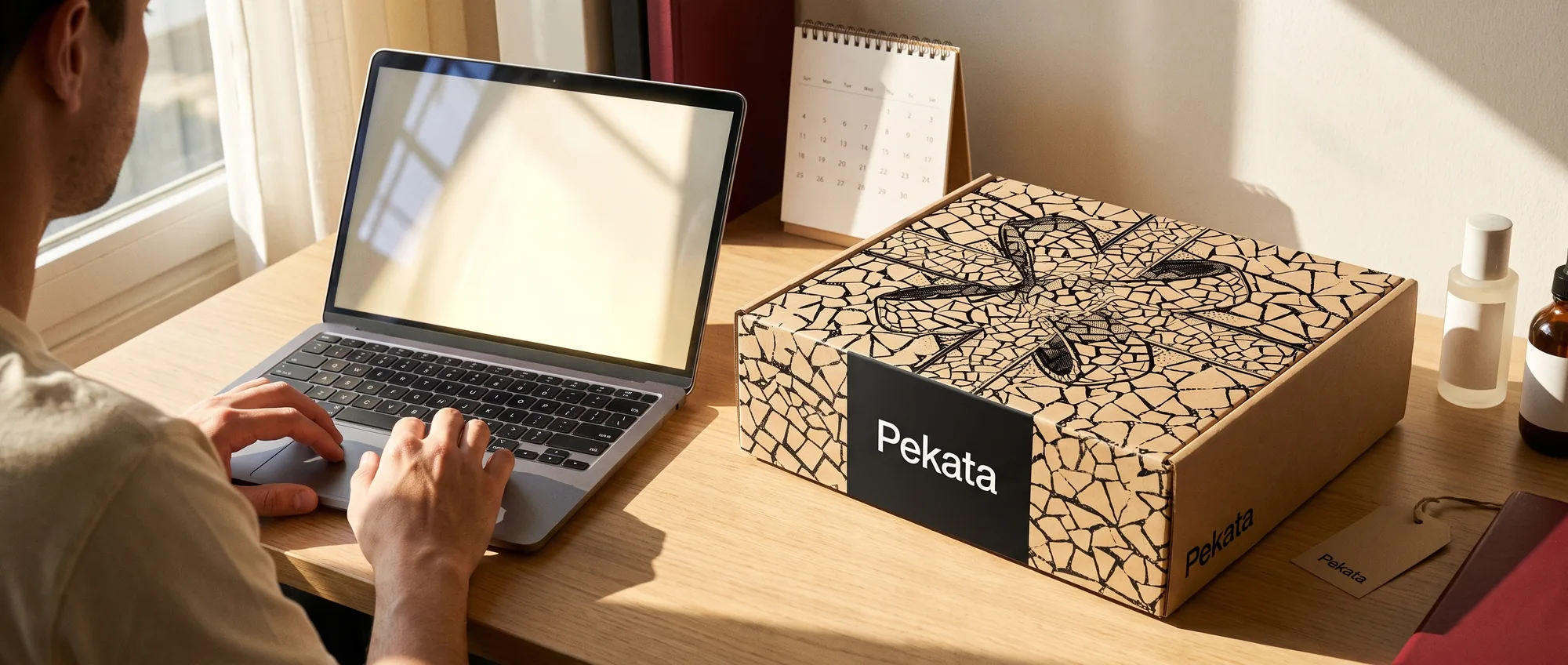 Persona eligiendo su regalo en el portal de selección de Pekata en un portátil, junto a una caja Pekata cerrada