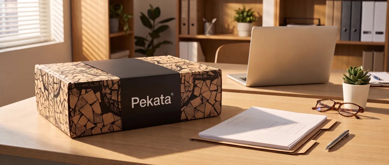 Caixa Pekata sobre una taula de RRHH al costat d'una carpeta de nòmines i unes ulleres