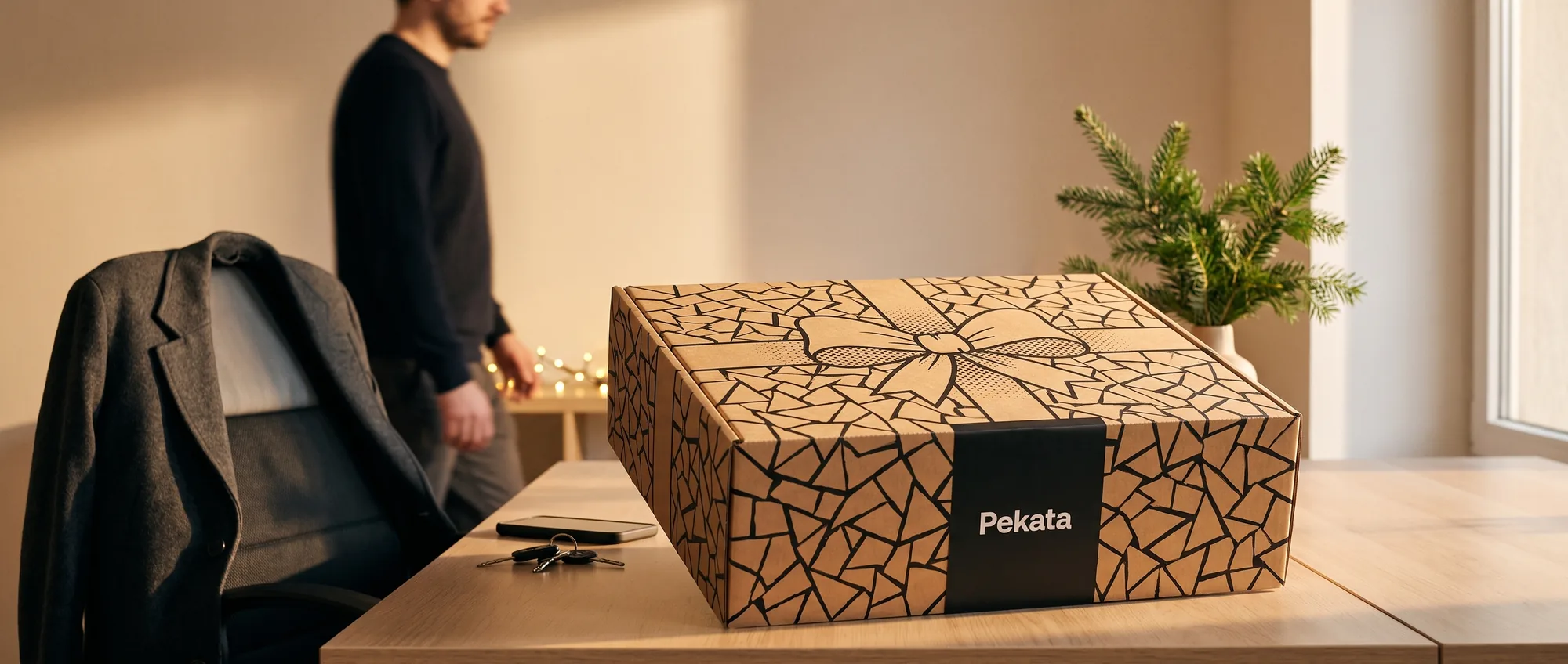 Caja de Navidad Pekata kraft con motivo de trencadís sobre un escritorio de oficina con luz de invierno