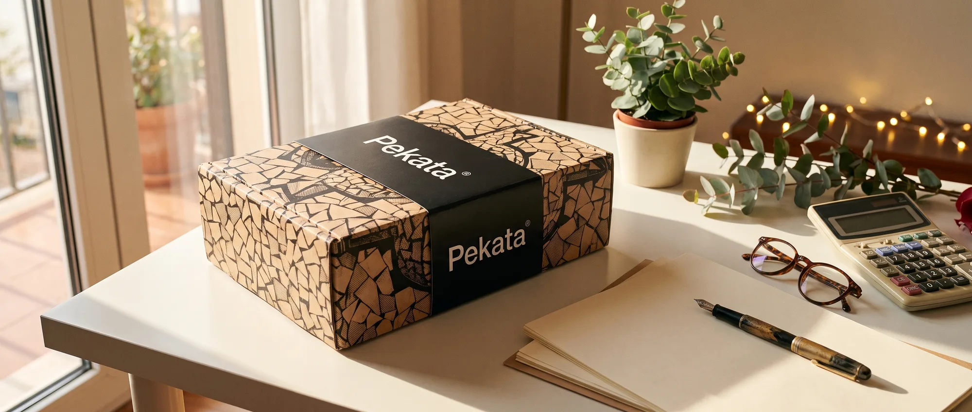 Caja de Navidad Pekata sobre un escritorio de contabilidad con calculadora y documentos