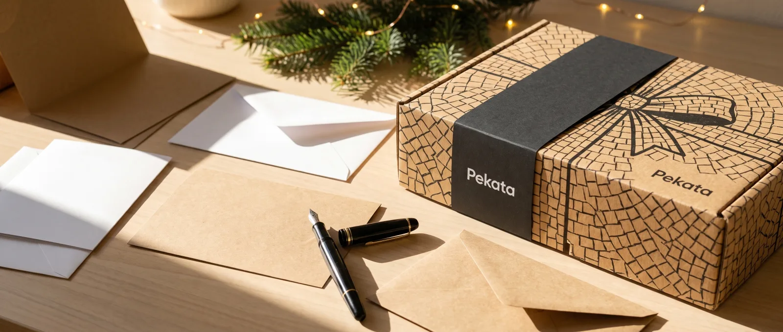 Tarjetas kraft en blanco y una pluma junto a una caja de Navidad Pekata, listas para escribir la dedicatoria