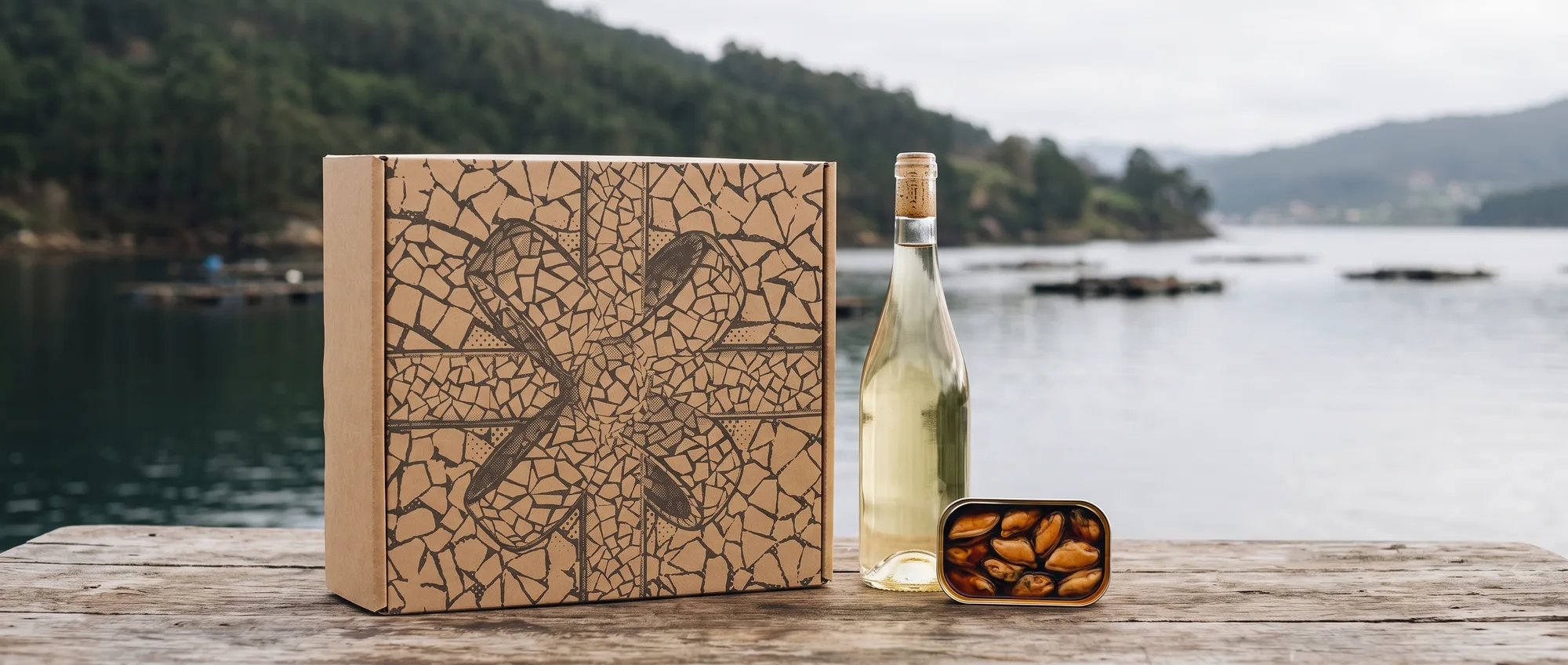 Caja Pekata sobre una mesa de madera junto a una botella de albariño y una lata de mejillones, con una ría gallega al fondo