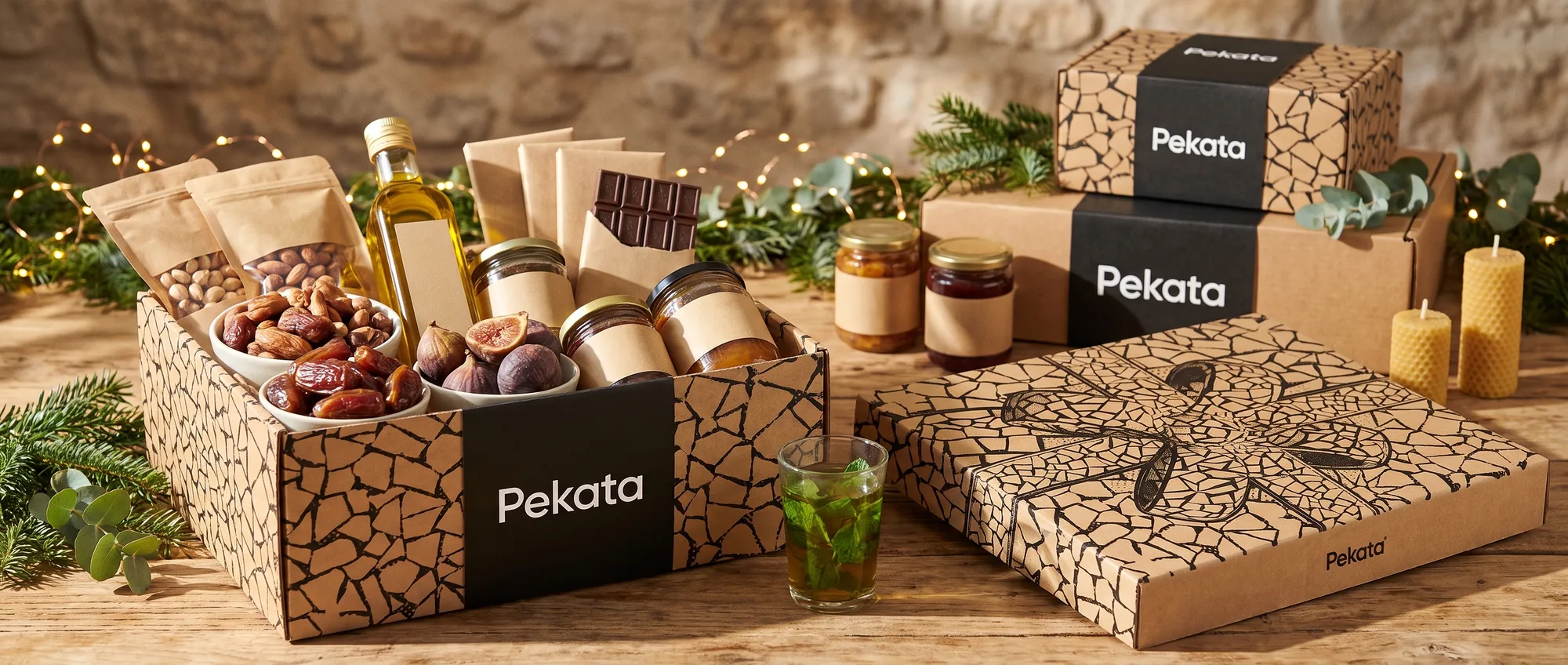 Caja de lote de Navidad Pekata de cartón kraft con estampado trencadís, abierta con productos gourmet aptos bajo una luz cálida