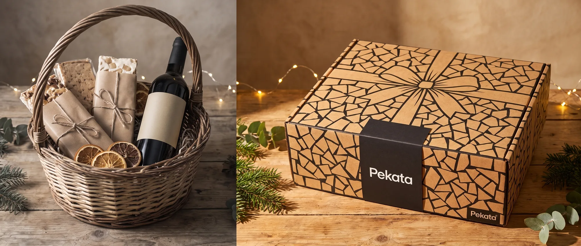 Cesta de mimbre tradicional de Navidad junto a una caja moderna de Navidad Pekata sobre una mesa rústica