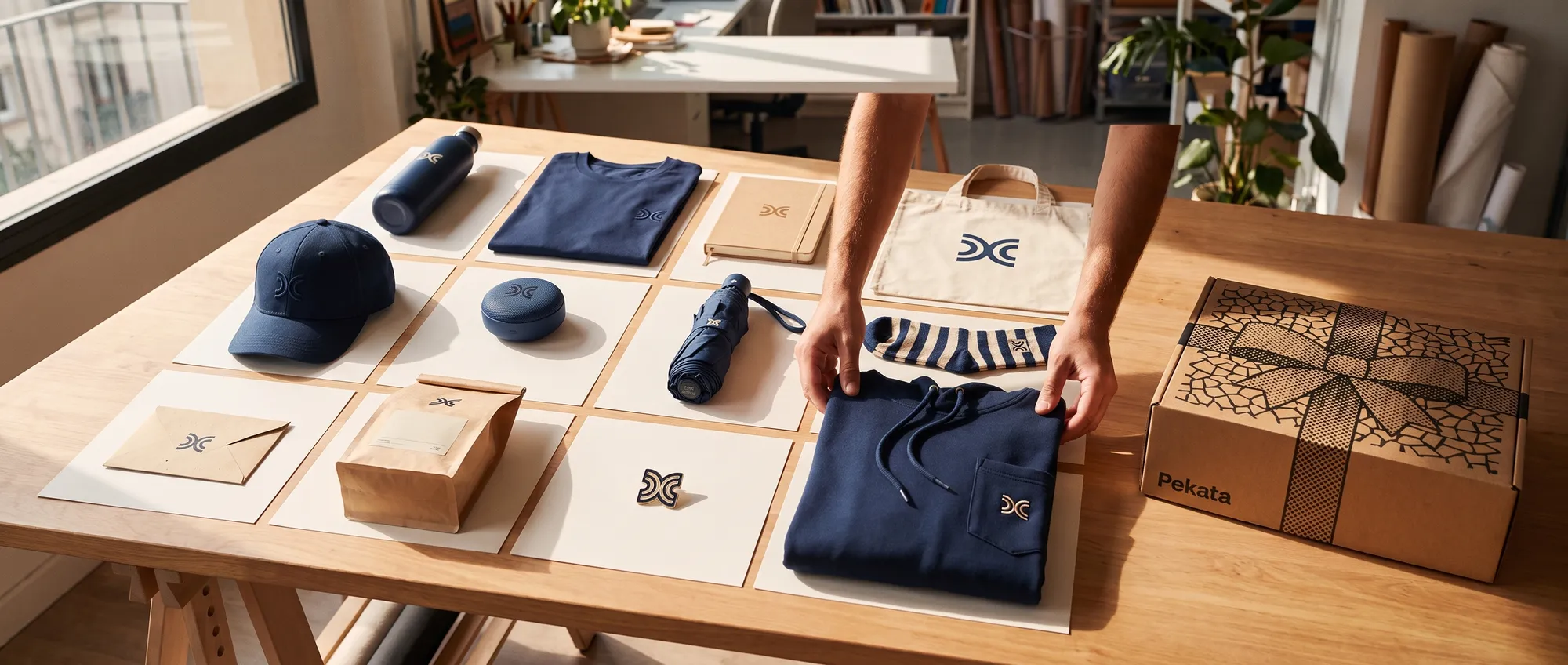 Mood board de ideas de merchandising sobre una mesa: botella, camiseta, libreta, tote bag, gorra y otros artículos con el mismo logo