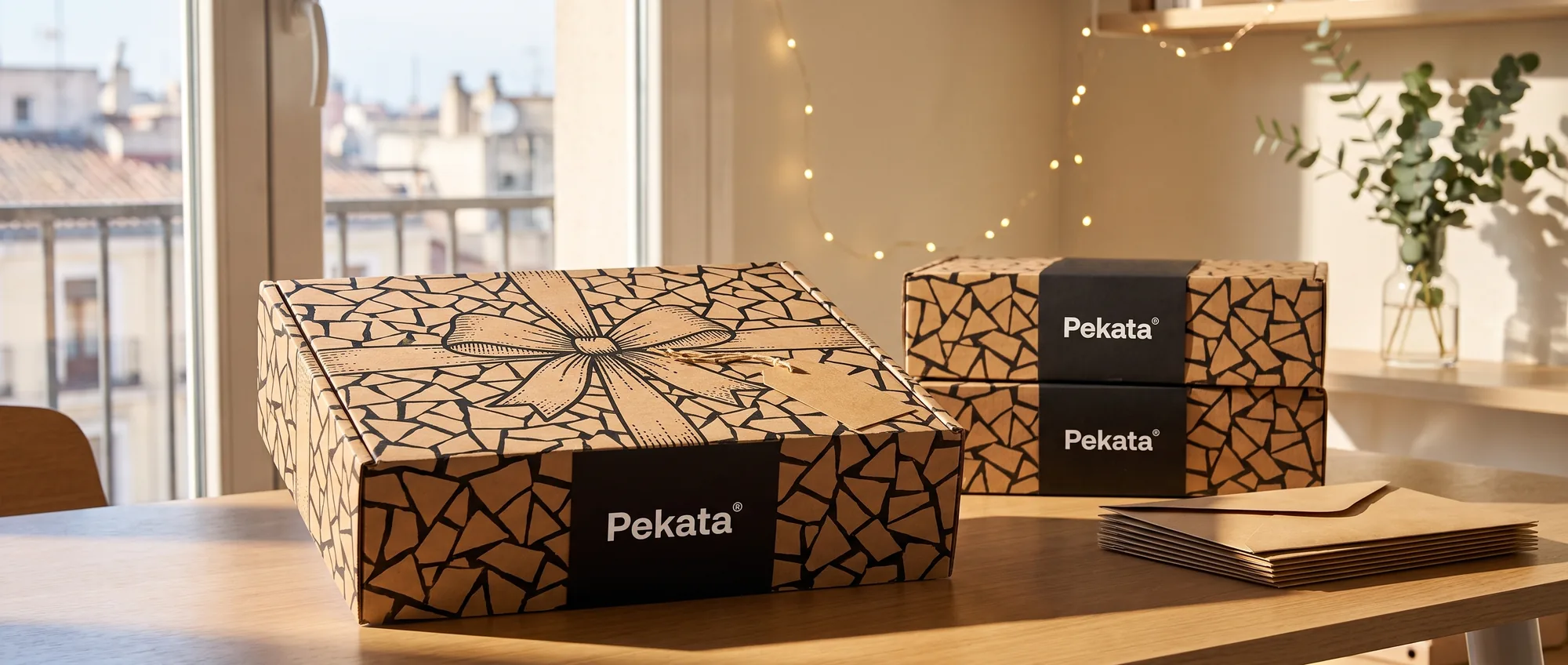 Caja de Navidad Pekata kraft con motivo de trencadís junto a una pila de sobres kraft y una etiqueta de envío en blanco