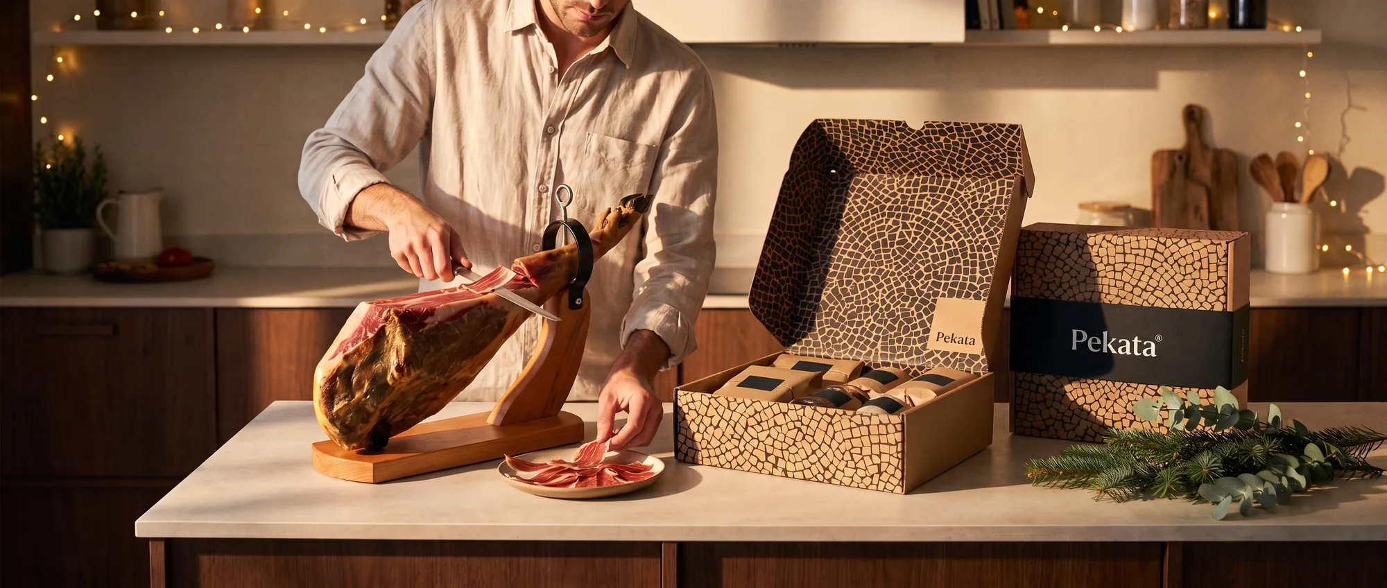 Persona cortando un jamón junto a una caja de lote de Navidad Pekata abierta con delicatessen envueltas en papel kraft