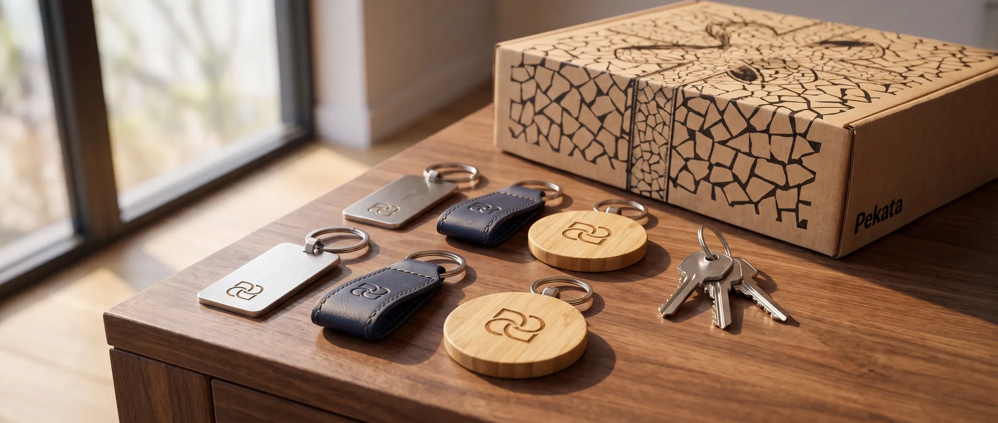 Llaveros personalizados para empresas en metal grabado, bambú y cinta textil sobre fondo neutro