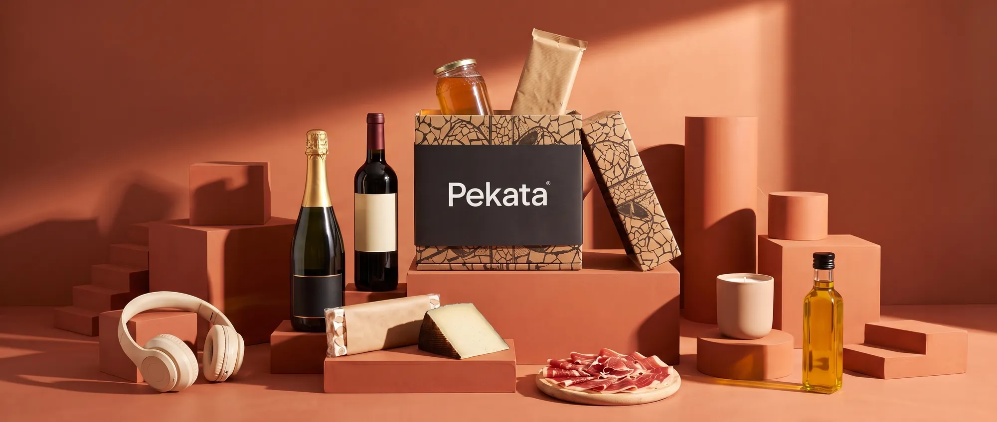 Caja Pekata abierta sobre pedestales, con cava, vino, turrón, queso, jamón ibérico, aceite de oliva, unos auriculares y una vela