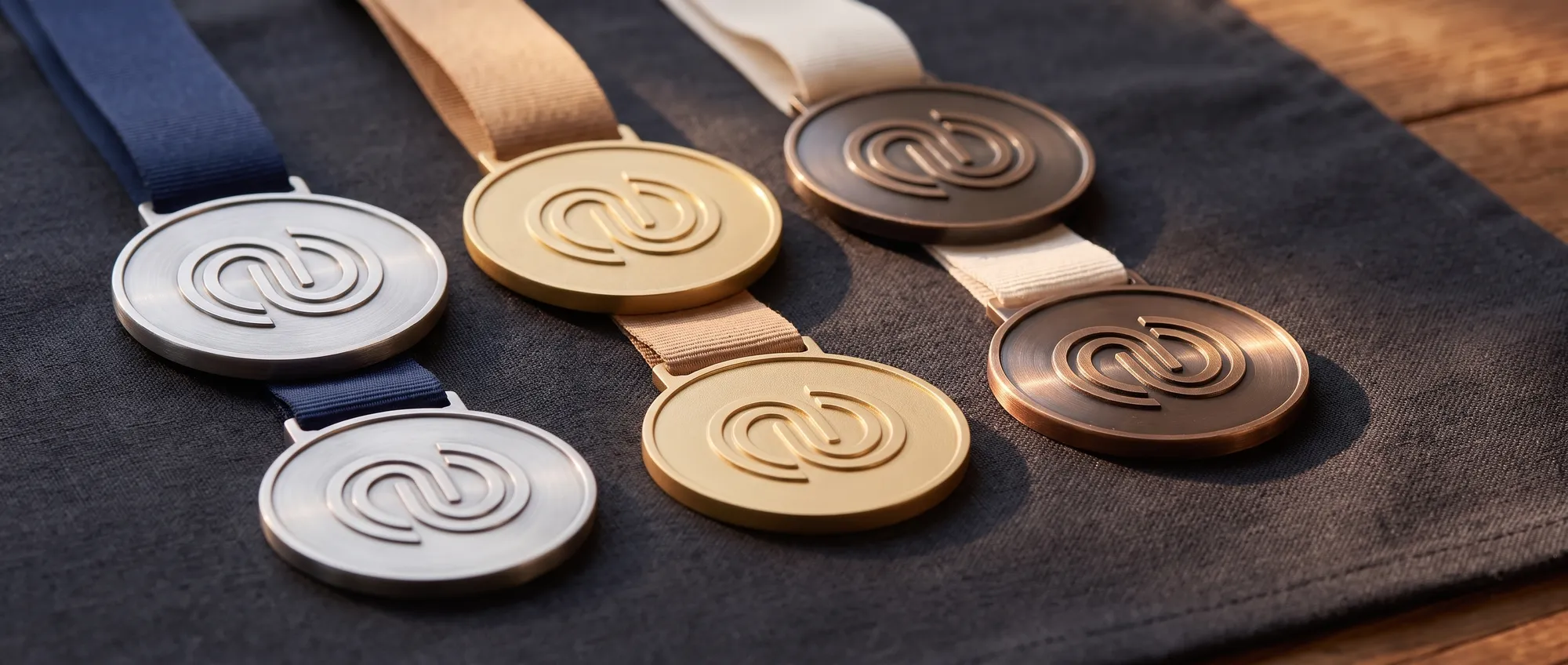 Medallas de zamak, metacrilato y madera personalizadas con el logo de una empresa y cinta sublimada