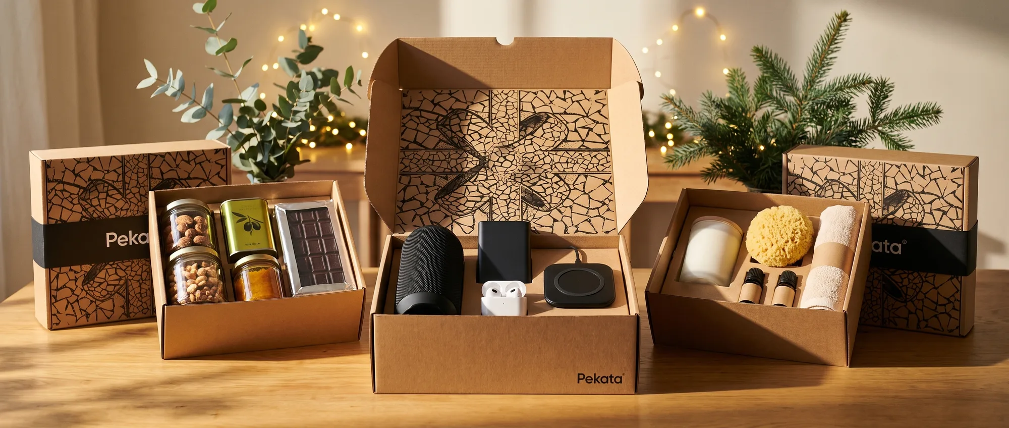 Tres cajas de Navidad Pekata abiertas con contenidos distintos alineadas sobre una mesa de madera